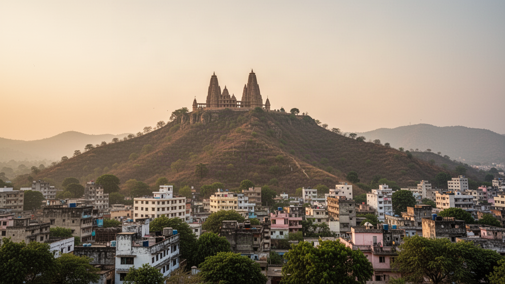 Dewas hills and temple in golden evening light